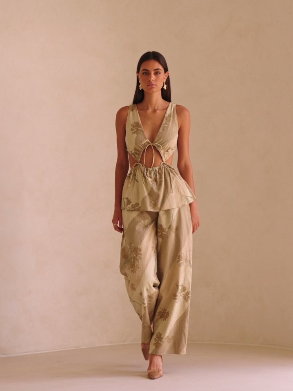 Sage Floral Cutout Peplum Jumpsuit